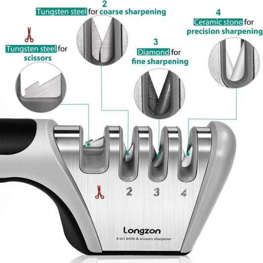 Longzon 4-in-1 Knife Sharpener [4 Stage] with a Pair of Cut-Resistant Glove, Original Premium Polish Blades, Best Kitchen Knife Sharpener Really Works for Fruit Knife and Steel Knives, Scissors