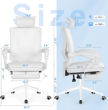 Misolant Ergonomic Office Chair with Footrest, Ergonomic Desk Chair with Adjustable 2D Lumbar Support, High Back Computer Chair with Adjustable Headrest, White Comfortable Leather Office Chairs