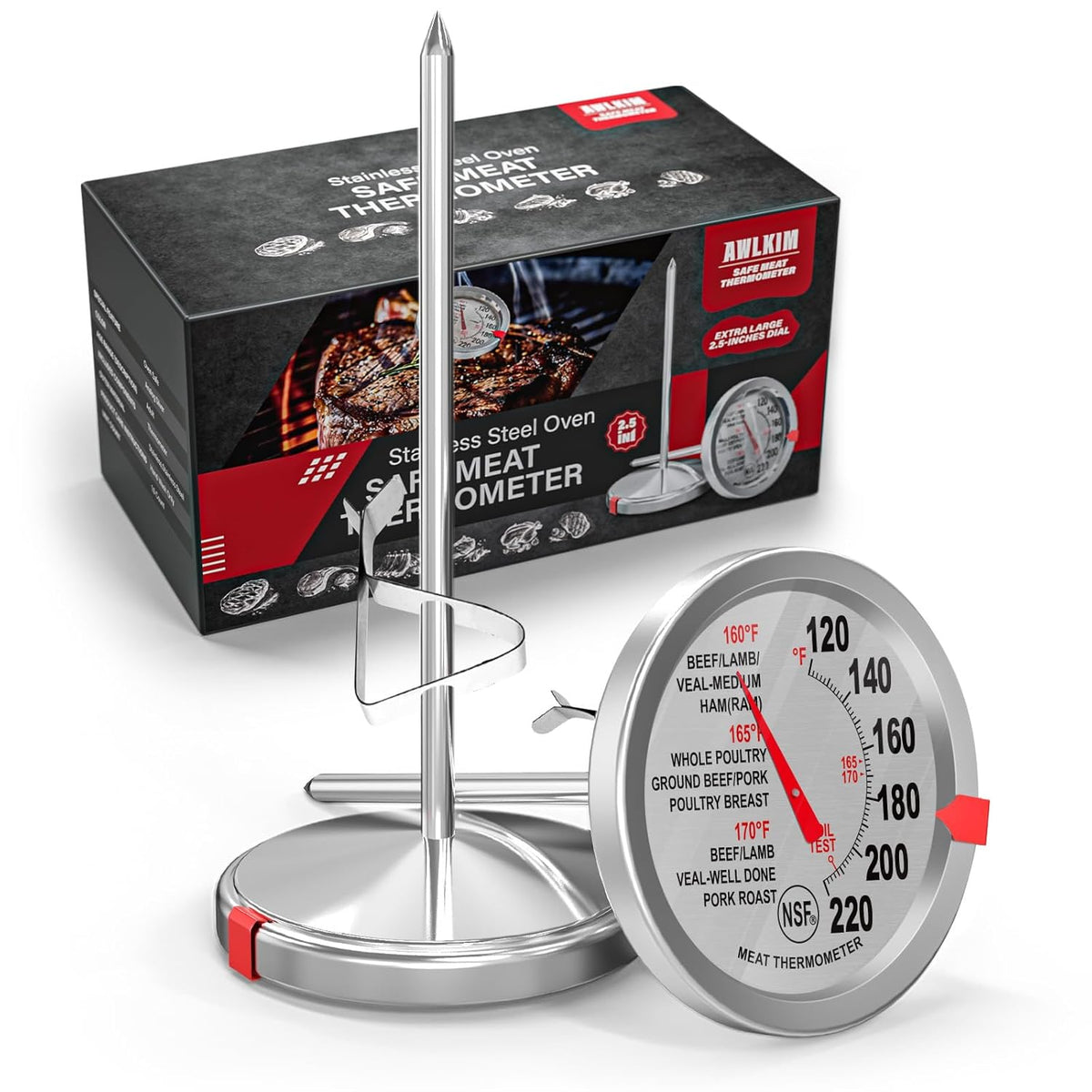 2 Pack Stainless Steel Meat Thermometer, Safe Leave in Oven, 2.5-in Extra-Large Dial Food Thermometer for Cooking, Temperature Probe for Baking, Steak, Turkey - Kitchen Gadgets - Silver