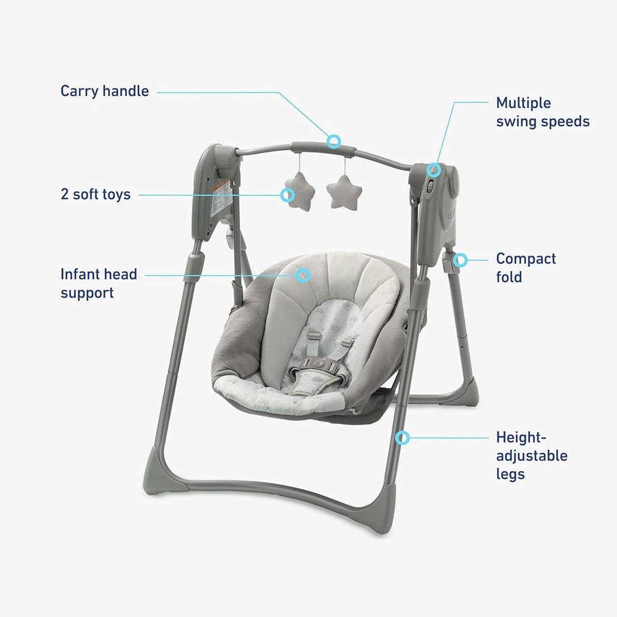 Graco Slim Spaces Compact Baby Swing, Space Saving Portable Bay Swing with Height Adjustable Legs & Soft Toys, Reign