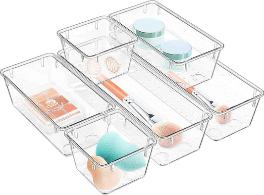 WOWBOX 6 Pack Clear Drawer Organizer Set, Acrylic Drawer Storage Trays, Storage Bins for Makeup, Cosmetics, Jewelries, Utensils, Gadgets, Office