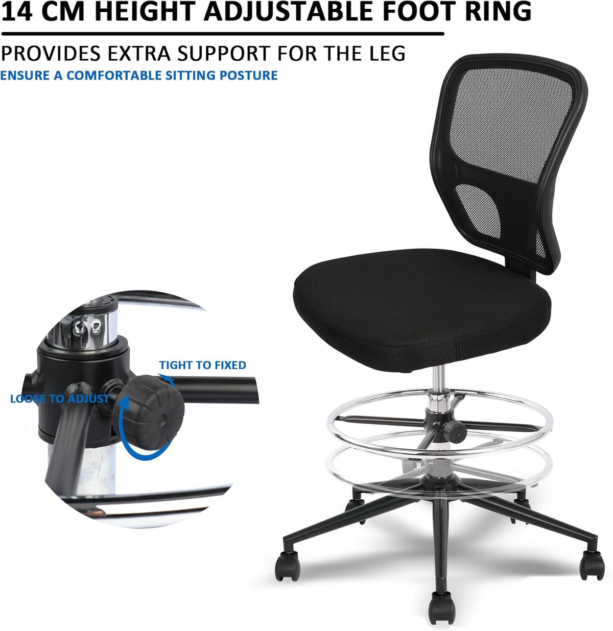 Armless Drafting Chair Tall Office Chair Adjustable Height High Back Ergonomic Desk Chair Drafting Stool Rolling Bar Stools Chairs with Footrest and Wheels
