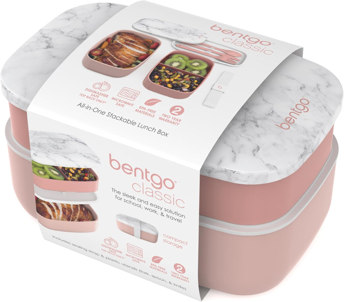 Bentgo Classic - Adult Bento Box, Stackable 3-Compartment Lunch Box with Removable Utensil Set and Sealing Strap, BPA-Free, Food Container Ideal for Meal Prep, Work, and On the Go (Blush Marble)