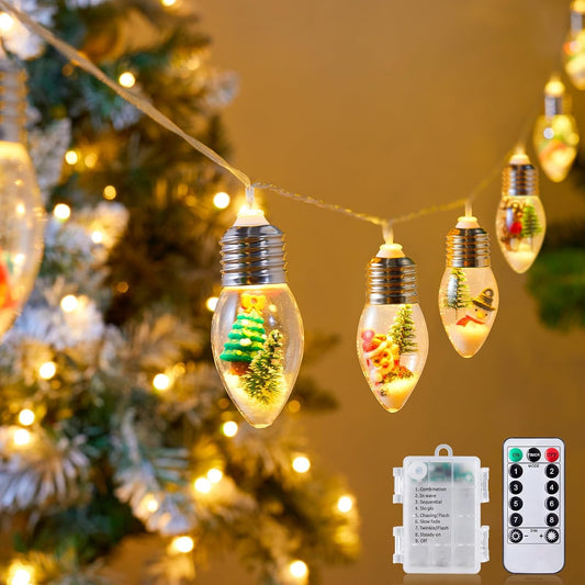 Vintage-Christmas-Lights-Indoor-String-Lights, 7.5Ft C9 Christmas Snow Globe String Lights with Tree & Snow & Cute Ornaments, 8 Modes Battery Operated Lights for Tree Garland Fireplace Xmas Decor