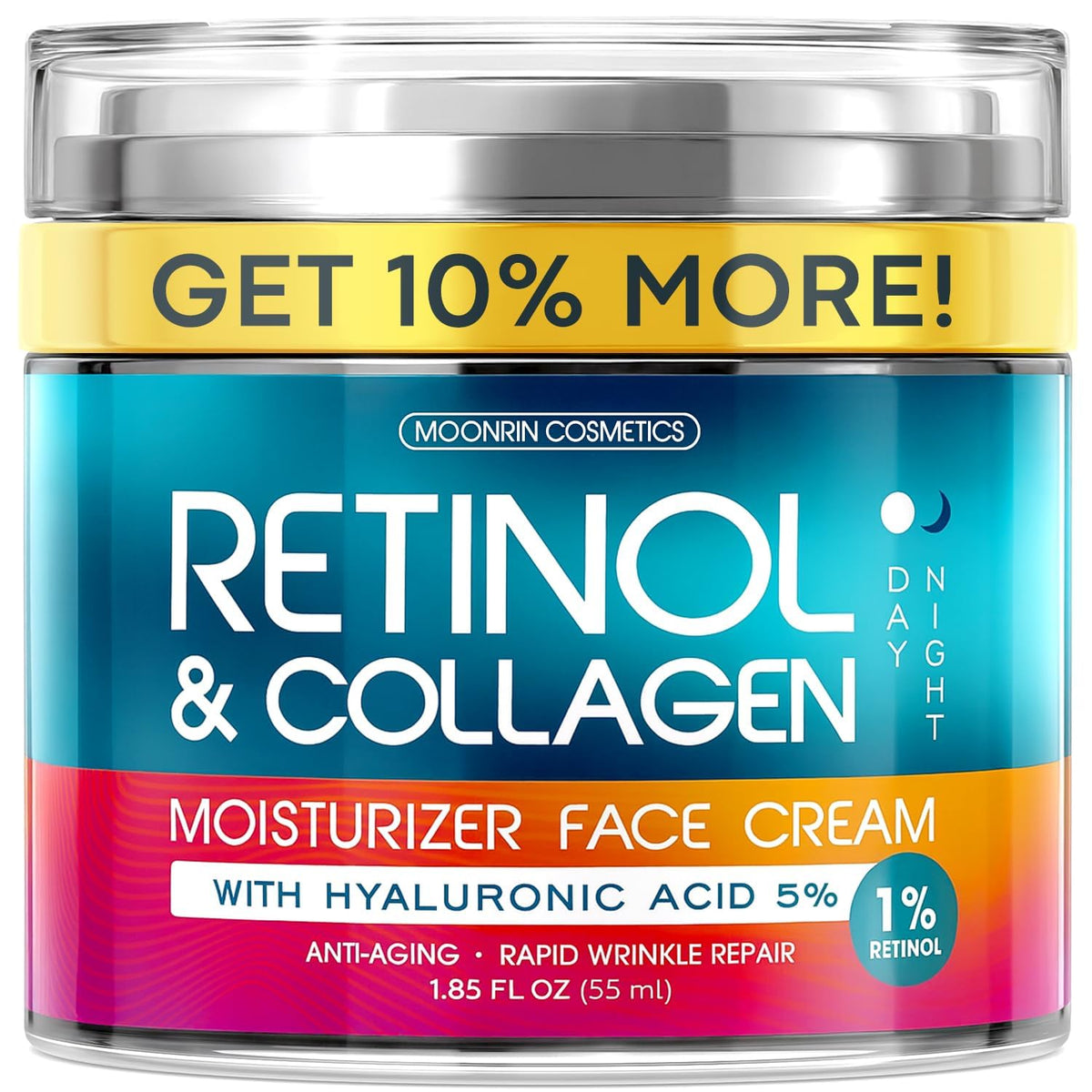 Retinol Cream for Face with Hyaluronic Acid, Day-Night Anti-Aging Moisturizer for Women, Men, Collagen Cream for Face Reduces Wrinkles, Dryness, 1.85 Oz