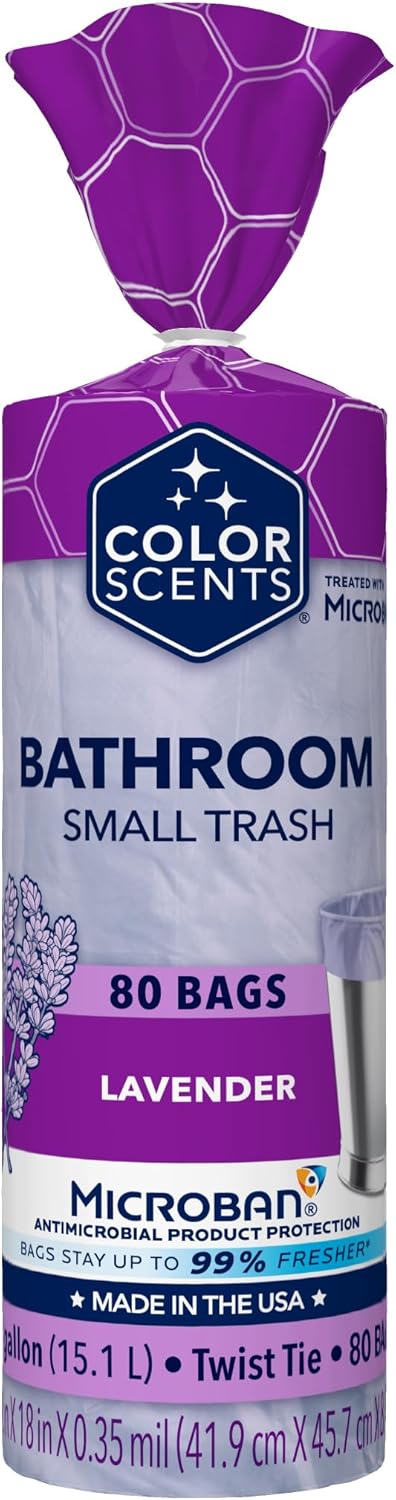 Color Scents Small Trash Bags - 4 Gallon, 80 Bags (1 Pack of 80 Count), Twist Tie - Lavender Bag with Lavender Scent with Microban