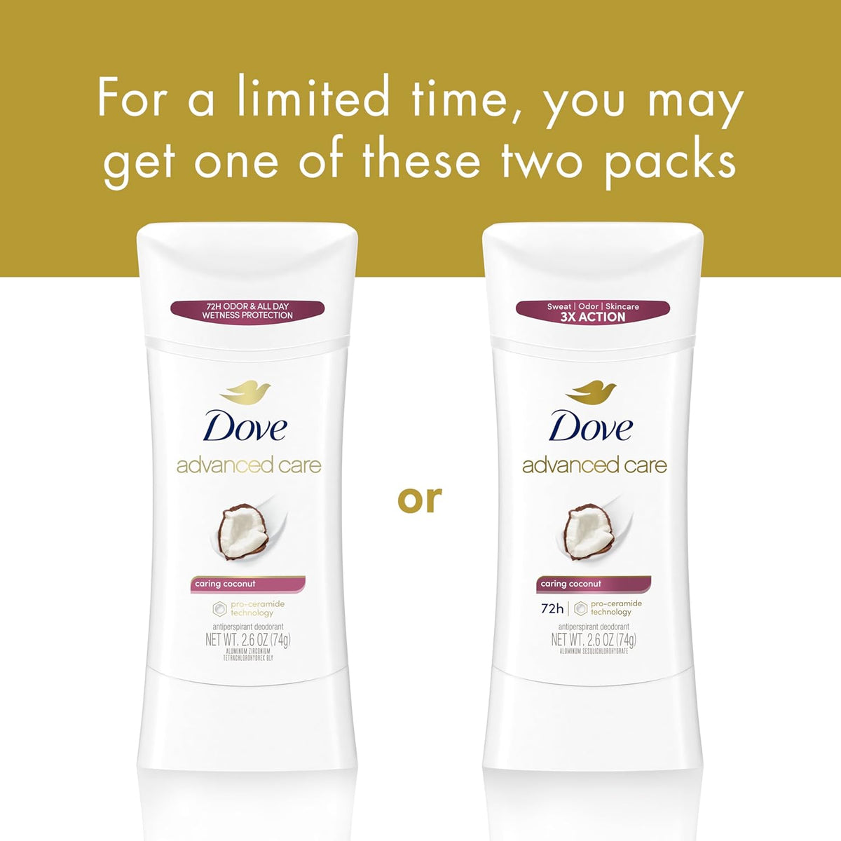 Dove Advanced Care Antiperspirant Caring Coconut, 2 Count Deodorant Stick for Women, for 48 Hour Protection And Soft And Comfortable Underarms, 2.6 oz