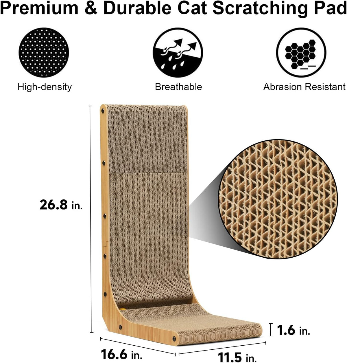 FUKUMARU Cat Scratcher, 26.8 Inch L Shape Cat Scratch Pad Wall Mounted, Cat Scratching Cardboard with Ball Toy for Indoor Cats, Large Size