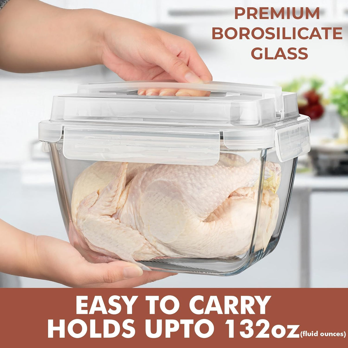 Razab 17 Cups / 132 Oz / 3900ml Large Glass Food Storage Containers with Lids - Leakproof, BPA-Free Large Meal Prep Container Ideal for Roasting Turkey, Store Leftover - Microwave & Oven Safe