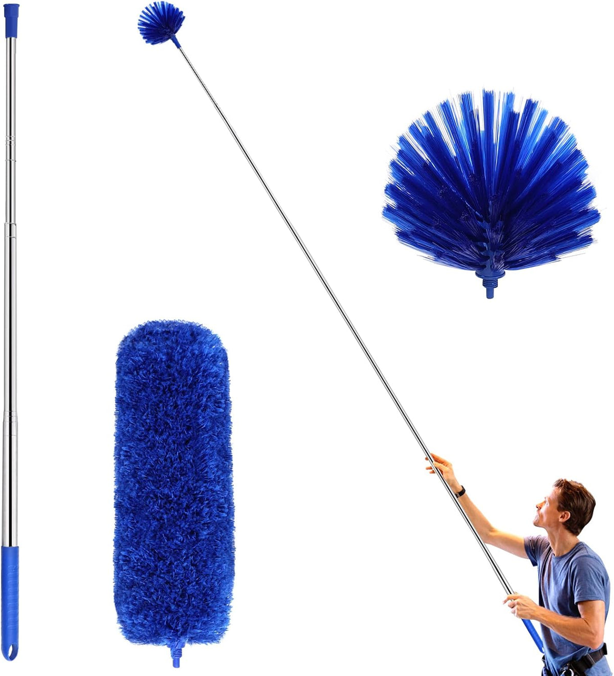 Cobweb Duster with Extension Pole, Washable Cleaning Duster Kit with 2 Duster Heads, Cobweb Duster, Corner Brush, Aluminum Telescoping Pole for Ceiling Fan (Blue)