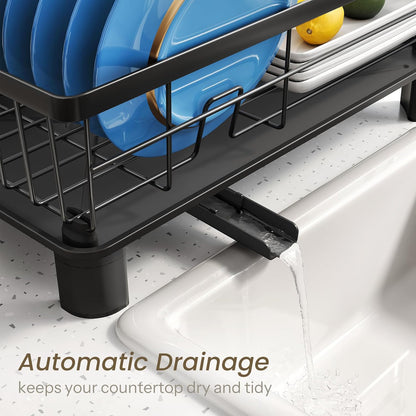 SNTD Dish Drying Rack - Small Dish Rack for Kitchen Counter, Stainless Steel Dish Drainer with Utensil Holder and Drainboard, 11" W x 15" L (Black)