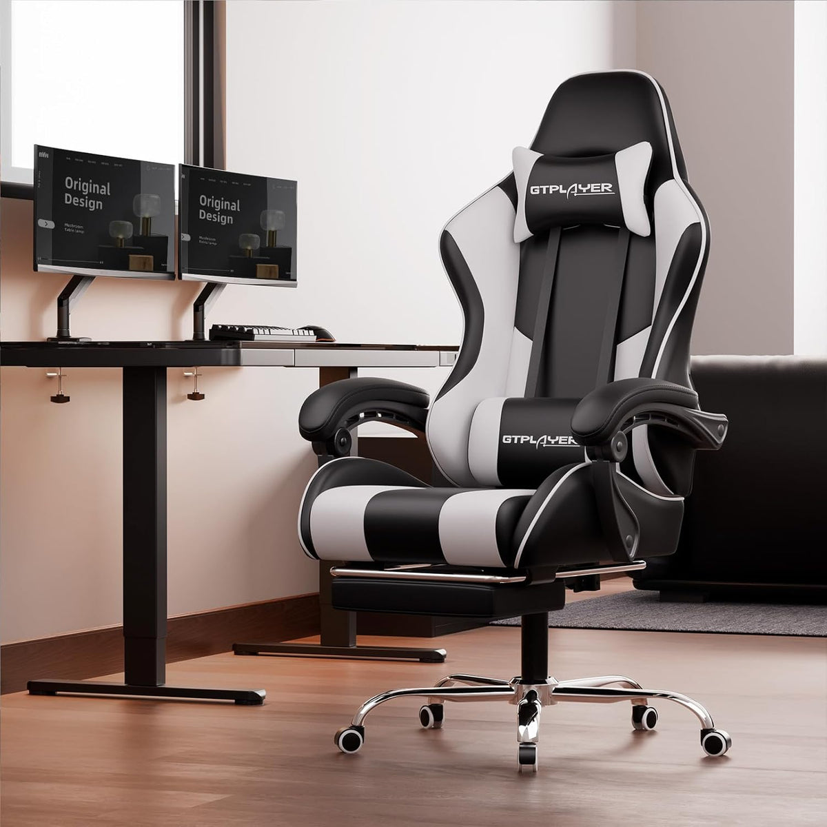 GTPLAYER Gaming Chair, Computer Chair with Footrest and Lumbar Support, Height Adjustable Game Chair with 360°-Swivel Seat and Headrest and for Office or Gaming (White)