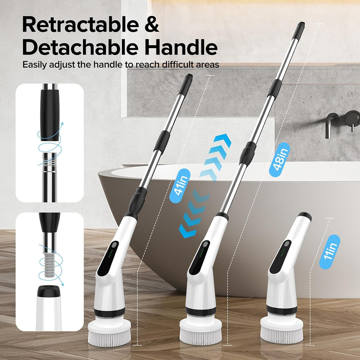 Electric Spin Scrubber, Dreazu IPX7 Shower Scrubber with 7 Replaceable Brush Heads & Retractable Handle, 2-Speed Adjustable Shower Cleaner for Bathroom, Bathtub, Kitchen, Tile Floors