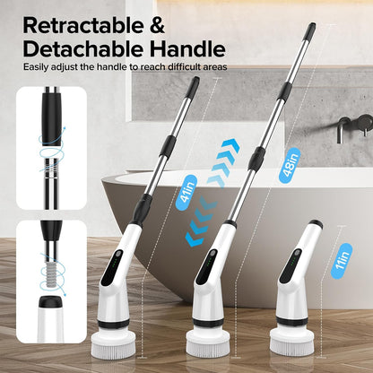 Electric Spin Scrubber, Dreazu IPX7 Shower Scrubber with 7 Replaceable Brush Heads & Retractable Handle, 2-Speed Adjustable Shower Cleaner for Bathroom, Bathtub, Kitchen, Tile Floors