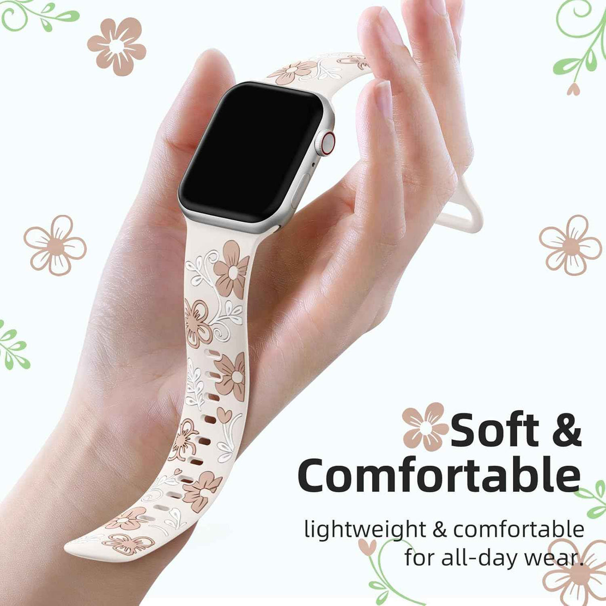 Witzon Floral Band Compatible with Apple Watch Bands For Women 40mm 41mm 38mm 42mm 44mm 45mm 46mm 49mm, Engraved Cute Flower Silicone Dressy Strap for iWatch Series 11 10 9 8 7 6 5 4 3 2 SE Ultra