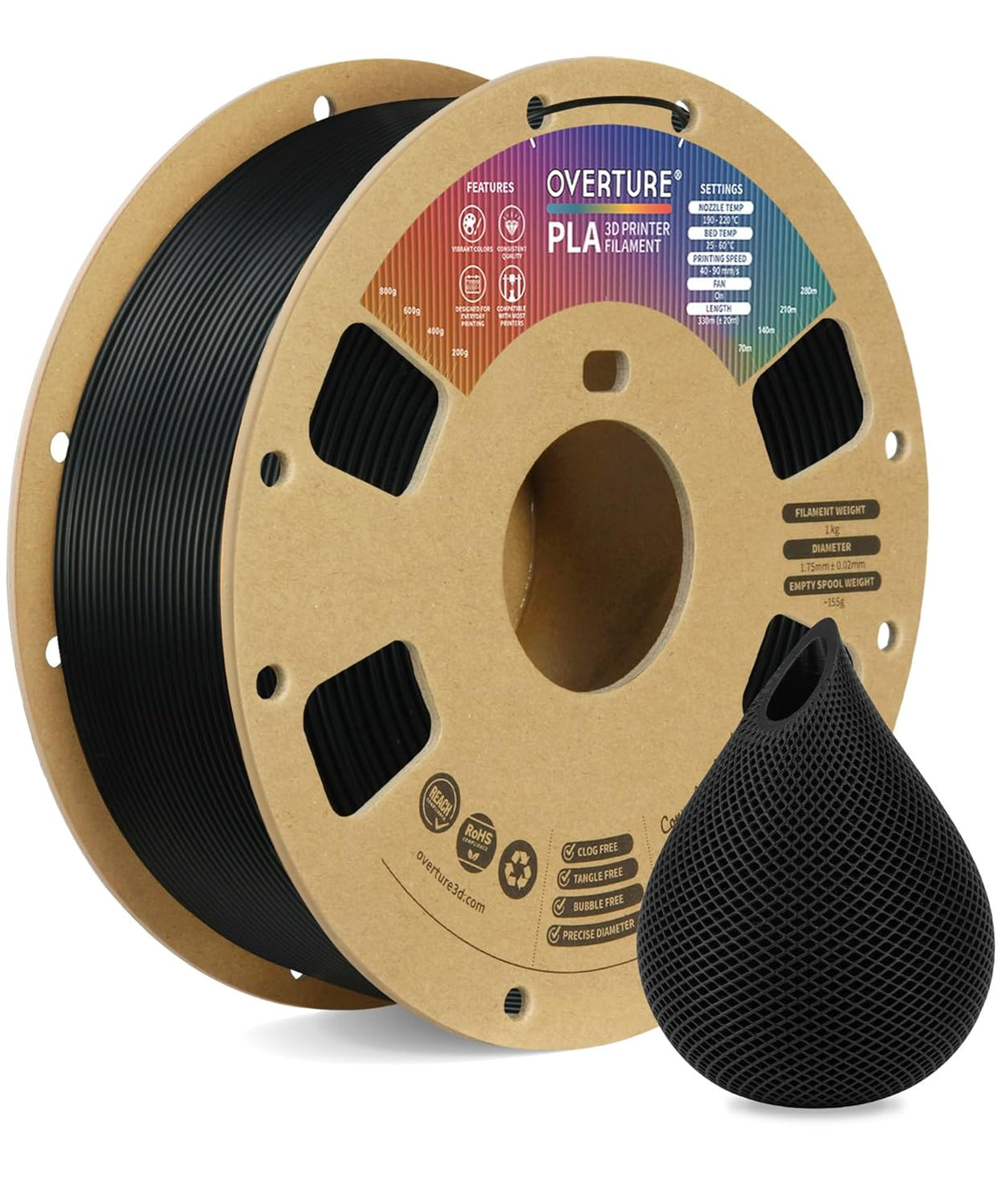 OVERTURE PLA Filament 1.75mm, Neatly Wound 3D Printer Filament 1kg Spool (2.2lbs), Dimensional Accuracy +/- 0.02 mm, Fit Most FDM 3D Printers (Black 1-Pack)