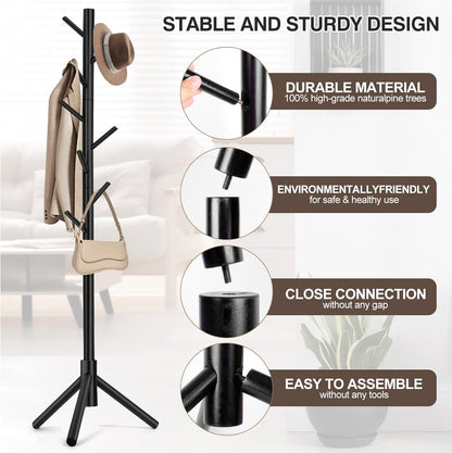 Coat Rack, Freestanding Coat Rack with 8 Hooks and 3 Adjustable Size Tree Coat Racks for Bedroom, Hallway, Entrance, Office, for Hats, Coats, Scarves, Handbags