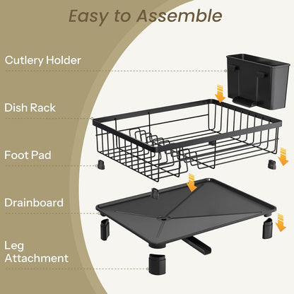 SNTD Dish Drying Rack - Small Dish Rack for Kitchen Counter, Stainless Steel Dish Drainer with Utensil Holder and Drainboard, 11" W x 15" L (Black)