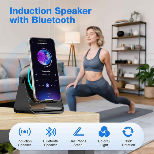 TARKARI Wireless Induction Speaker, 5 in 1 Bluetooth Speaker, 360° Rotation Cell Phone Stand with Colorful Ambient Light Compatible with iPhone iPad Android Tablet, Birthday Gifts for Women Men Him