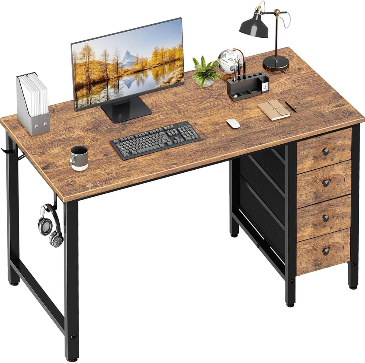 Lufeiya 40 inch Computer Desk with 4 Fabric Drawers, Kids Student Reversible Small Desks for Home Office Small Space, Work PC Desk Table for Bedroom, Rustic Brown