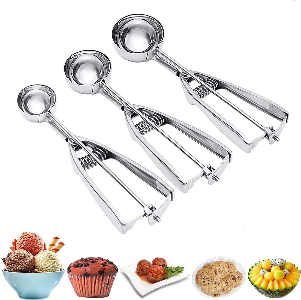 Ice Cream Scoop, 3Pcs Cookie Scoop Set, Stainless Steel Ice Cream Scooper with Trigger Release, Large/Medium/Small Cookie Scooper for Baking, Cookie Scoops for Baking Set of 3 with Cookie Dough Scoop…