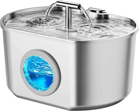 Cat Water Fountain Stainless Steel - Pet Drinking Fountain for Cats Indoor - 2.2L/74oz Automatic Water Dispenser with Watering Level Window (1 Filter)