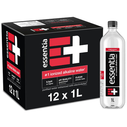 Essentia Water Bottled, Ionized Alkaline Water:99.9% PLre, Infused With Electrolytes, 9.5 pH Or Higher With A Clean, Smooth Taste, 1 Liter (Pack of 12)