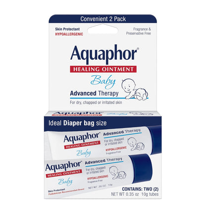 Aquaphor Baby Healing Ointment Advanced Therapy Skin Protectant for Chapped or Dry Skin, Drool Rash and Diaper Rash Ointment, Hypoallergenic Baby Essentials, Travel Size, 0.35 Oz Tube, Pack of 2