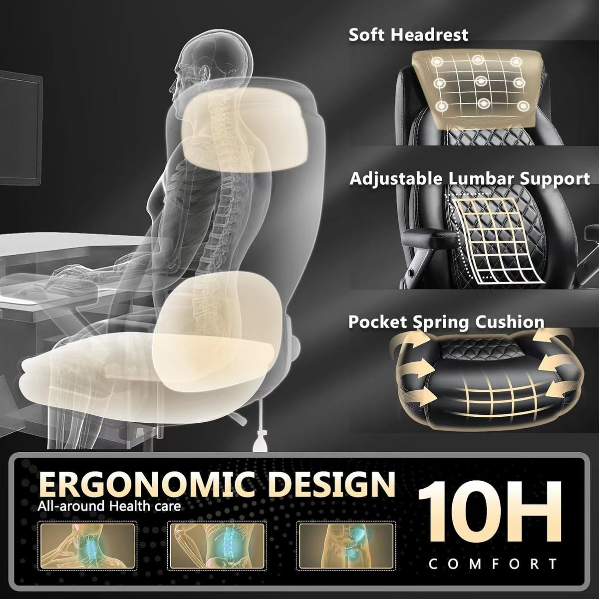 600LBS Large Heavy Duty Office Chair with 5D Flip Arms,Comfy Big and Tall Executive Office Desk Chair with Pocket Spring Cushion,High Back Computer Chair with Lumbar Support,Dual Rubber Wheel