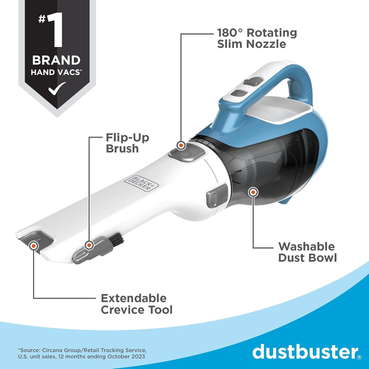 BLACK+DECKER dustbuster AdvancedClean Handheld Vacuum Cordless, Compact Home and Car Vacuum with Crevice Tool ,Rotating Nozzle and Charging Station, Large Dust Bowl (CHV1410L)
