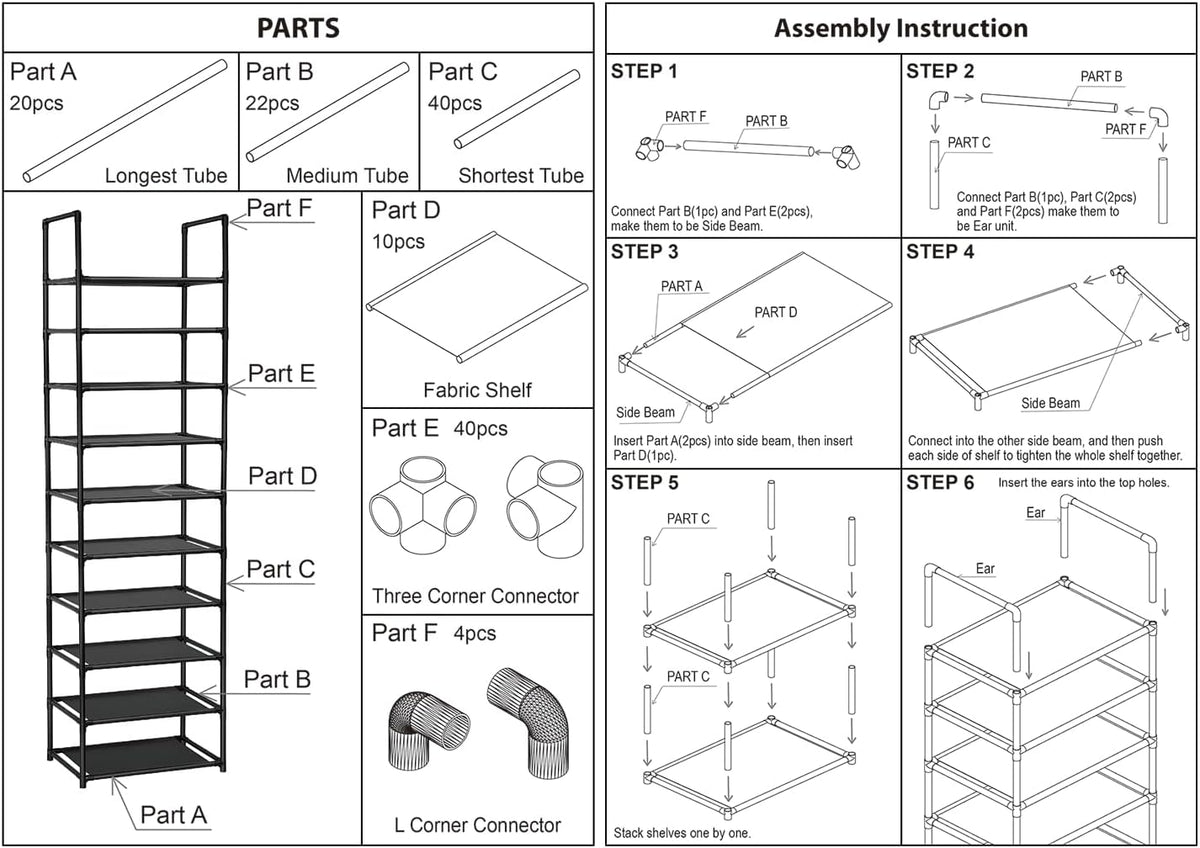 FIDUCIAL HOME 10 Tiers Shoe Rack 20-25 Pairs Sturdy Shoe Shelf