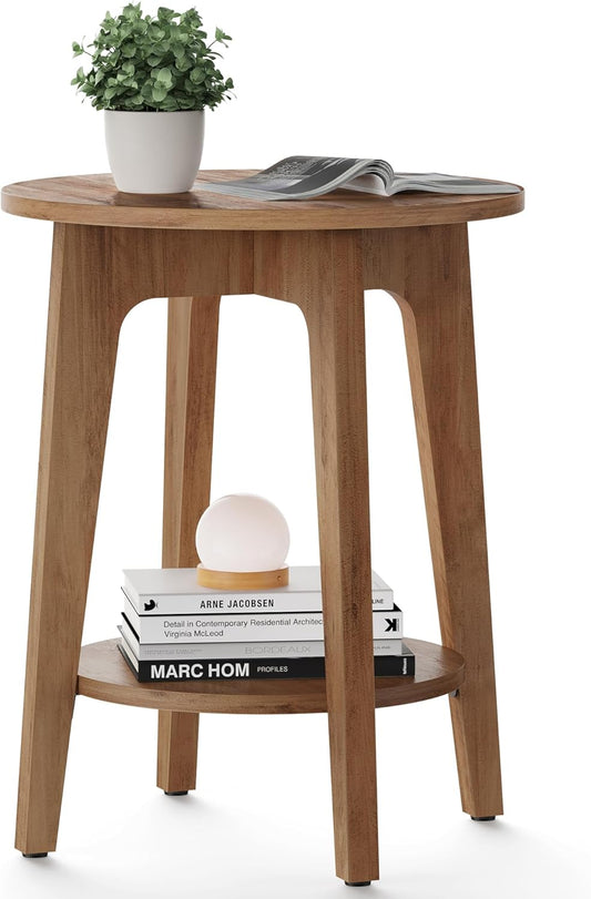 VASAGLE MAEZO Collection - Side Table, 2-Tier Small Round End Table, Nightstand with Tapered Legs, Curved Transitions, for Small Spaces, Living Room, Bedroom, Rustic Walnut ULET283T41