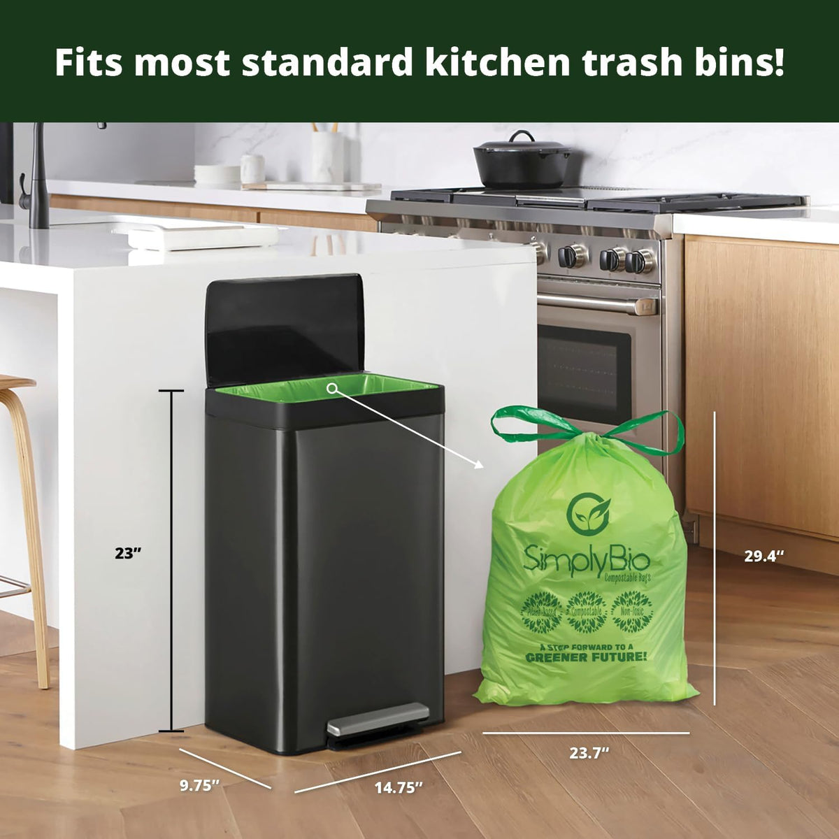 Simply Bio 13 Gallon Compostable Trash Bags Liners Drawstring, Heavy Duty Extra Thick 1 Mil, 49.21 Liter, 30 Bags, Tall Kitchen Food Scrap Waste Bag, ASTM D6400, US BPI and OK Compost Home Certified