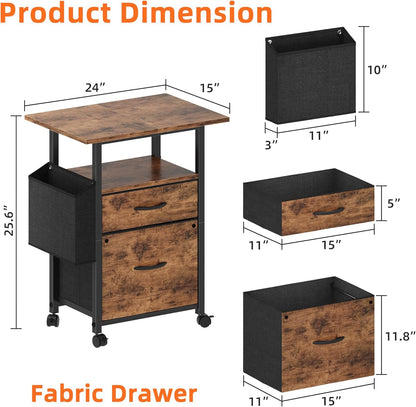 GYIIYUO 2 Drawer File Cabinet with 24'' Extended Desktop, Mobile Filing Cabinet, Rolling File Cabinet with Side Bag, Fabric Drawer, Fits A4/Letter Size, Printer Stand Home Office, Light Brown