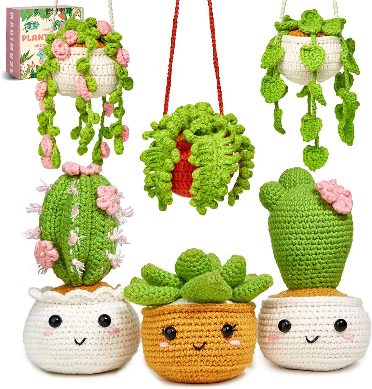 MAGIMUSE Crochet Kit for Beginners, Crochet Starter Kits, Amigurumi Craft Knitting Crocheting Kits with Step-by-Step Video Tutorials, 6 Pack Hanging Potted Plants Family(40%+ Yarn