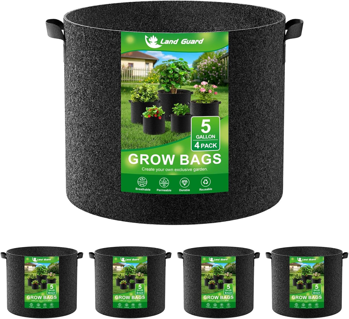 Land Guard 4-Pack Fabric Grow Bags 5 Gallon, Thickened Nonwoven Garden Pots, Growing Bags with Handles, Black