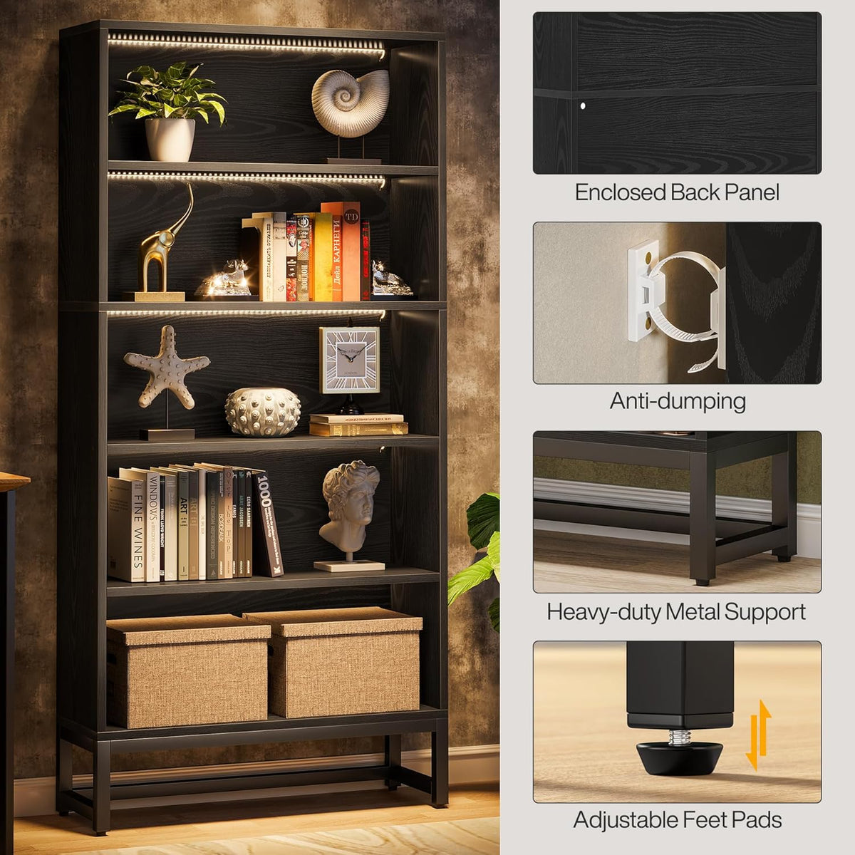 Tribesigns Tall Bookcase Black Bookshelf, 70.8” Large Bookcases Organizer with LED Lights, Heavy Duty Free-Standing Library Bookshelf with 5-Tier Storage Shelves for Living Room, Bedroom (Black)