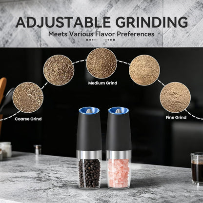 Gravity Electric Salt and Pepper Grinder set of 2, Automatic Salt And Pepper Grinder Set, Adjustable Roughness, Battery Powered, LED Light, 2 Pack, (Black)