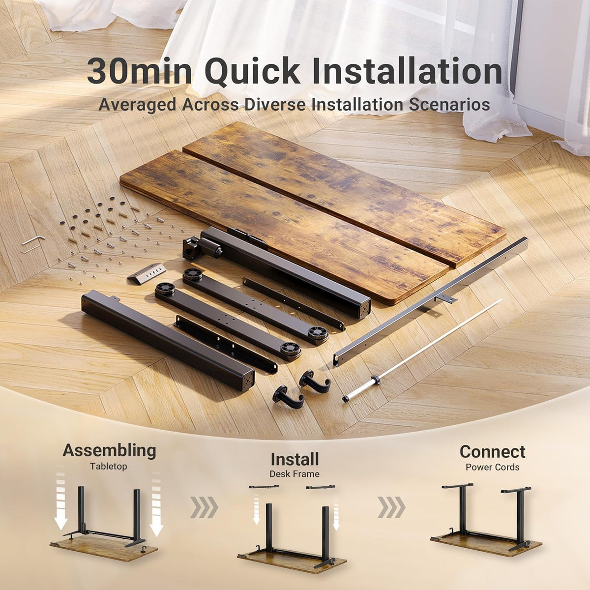 Claiks Electric Standing Desk, Adjustable Height Stand up Desk, 24x48 Inches Sit Stand Home Office Desk with Splice Board, Black Frame/Rustic Brown Top