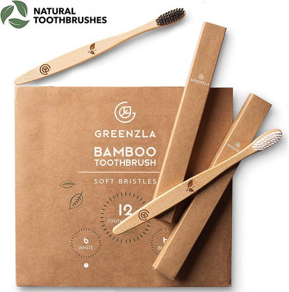 Greenzla Bamboo Toothbrushes for Adults – 12 Pack Wooden Toothbrush Set with Charcoal-Infused Soft Bristles, Natural Oral Care for Daily Use