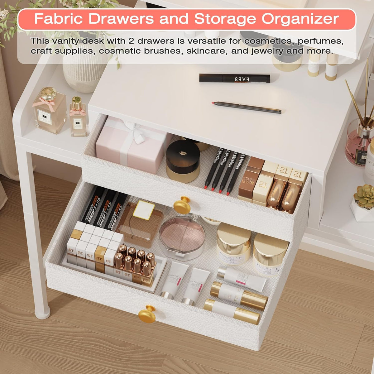 Vanity Desk with Mirror and Lights, 28.4''W Small Makeup Vanity Table with Height-Adjustable Stand, 2 Fabric Drawers Compact Makeup Desk, Gift for Girls, Bedroom Small Space, White