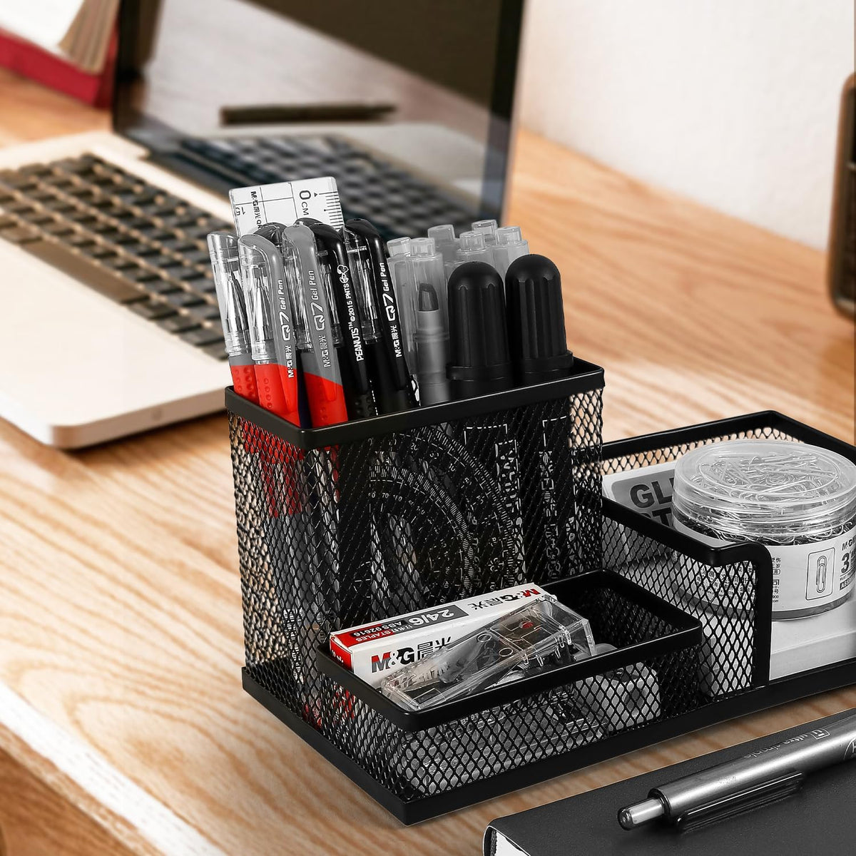 M&G Mesh Pen Holder Desk Organizers Pencil Holder for Desk Black, 3 Compartments Metal Office Supply Organizer with Sticky Notes Holder for School Home Office