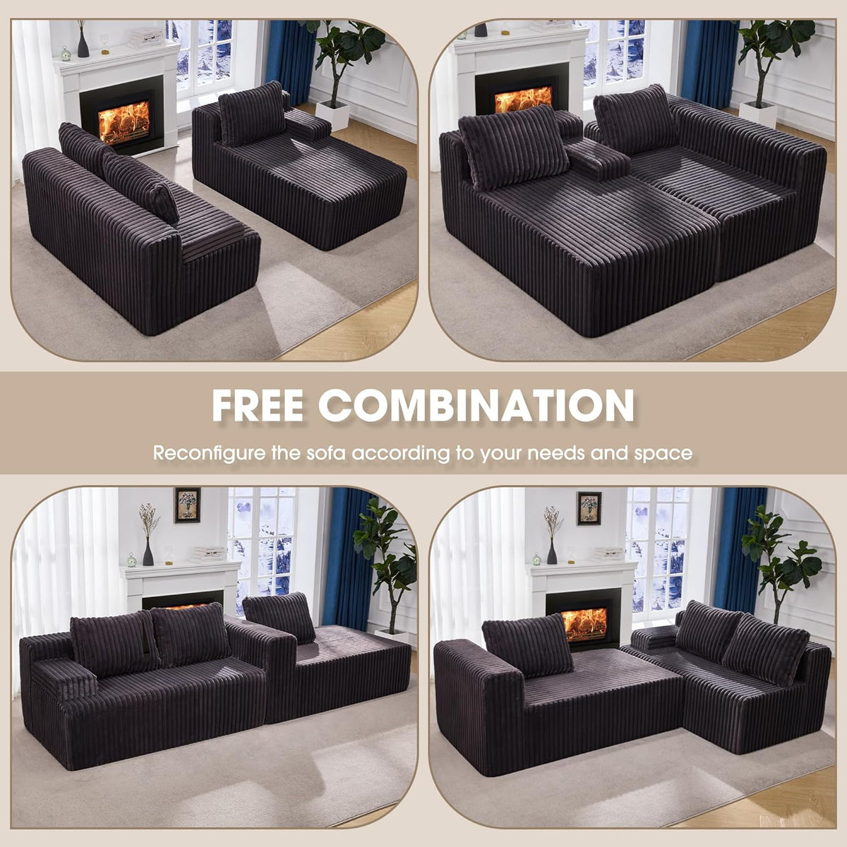 Hobestluk 96” Modular Sectional Sofa Couches L-Shape Couch 3 Seat Modular Sofa Memory Foam Sectional Couches for Living Room, Cloud Couch with Oversized Chaise (Grey, Stripe (Right Facing Chaise))