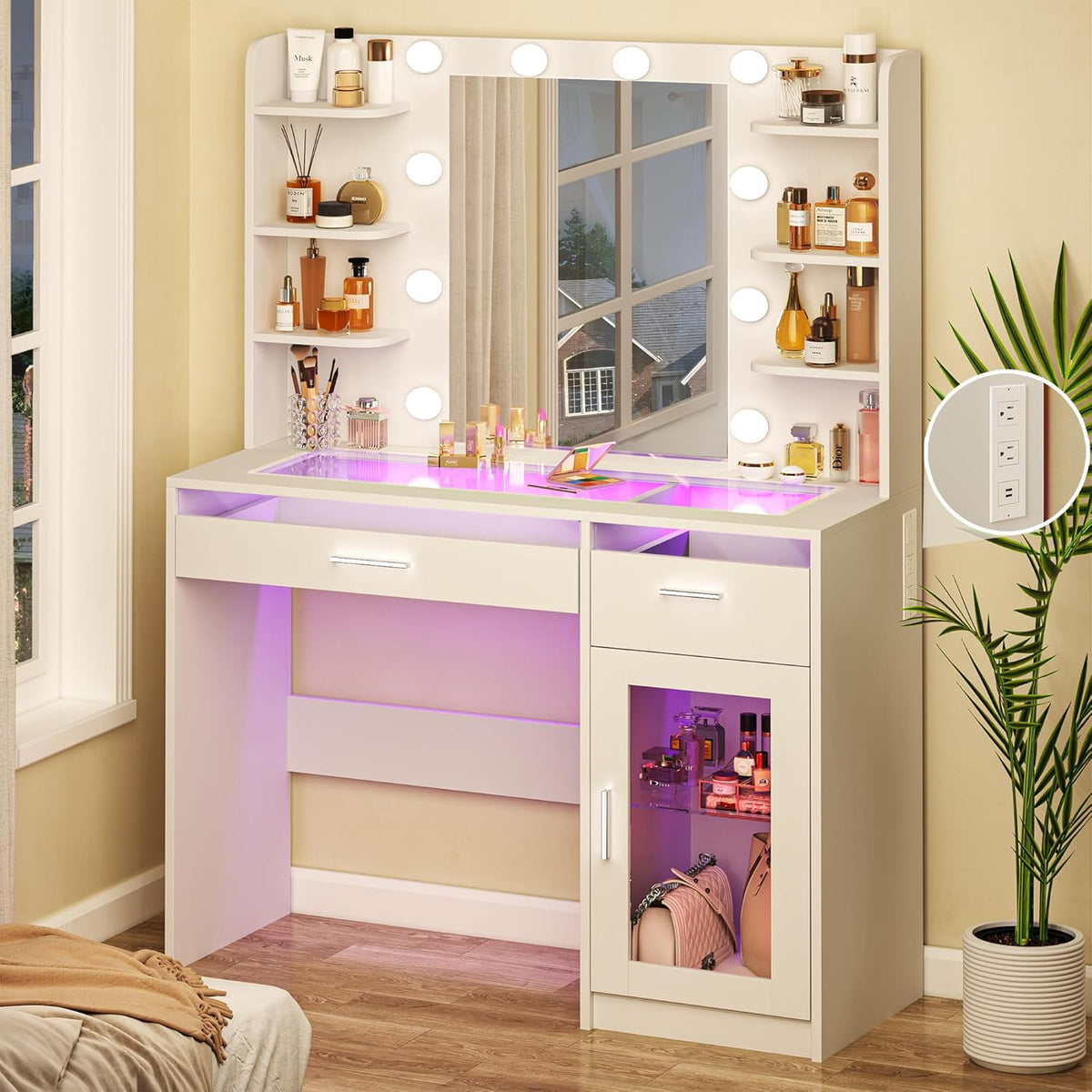 Vanity Desk with Mirror and Lights, Makeup Vanity Desk with Lights 3 Colors, Transparent Top Vanity with 2 RGB Drawers, 6 Shelves, Large Tempered Cabinet, Power Outlet, for Bedroom, White