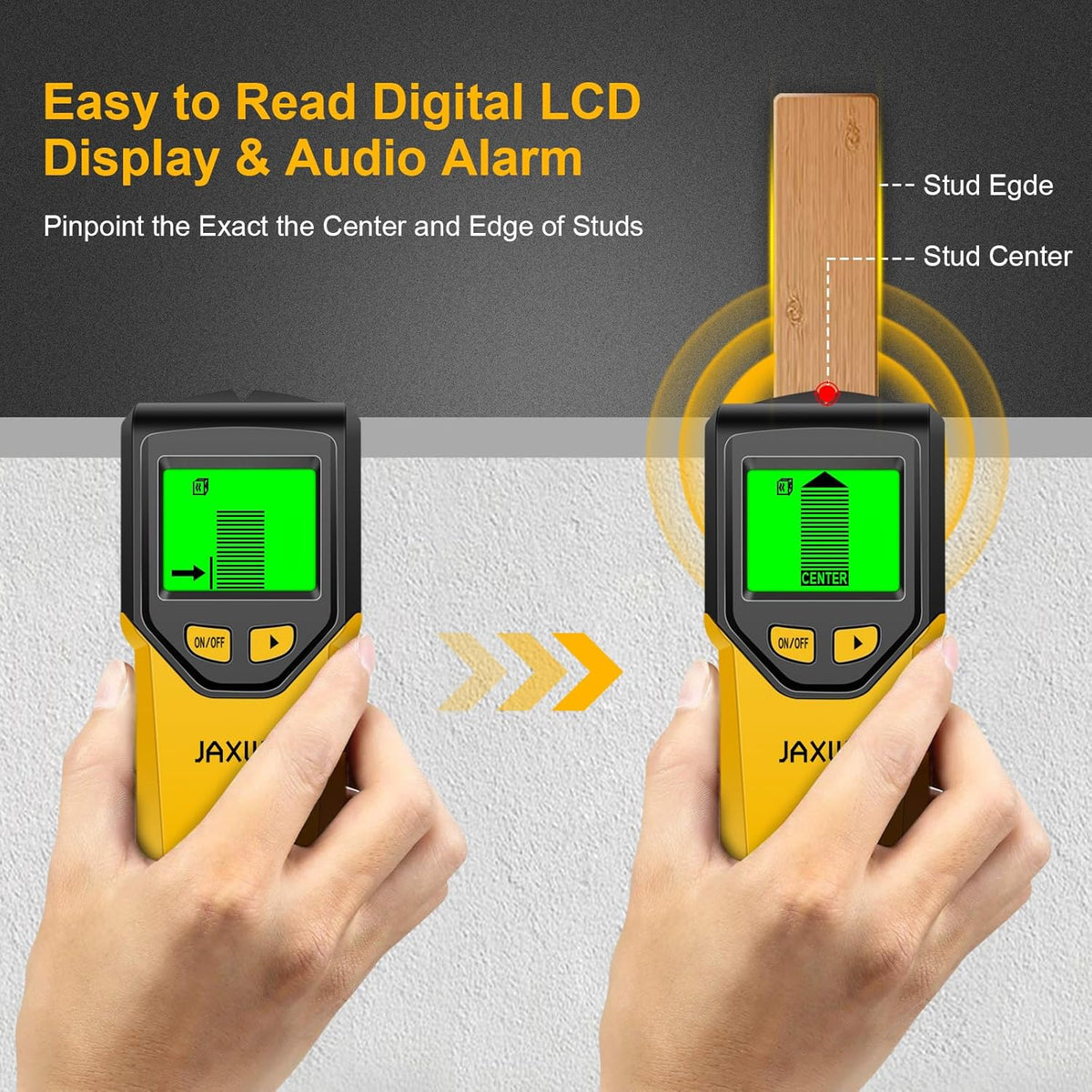 Stud Finder Wall Scanner - 5 in 1 Stud Finder Tool w/Microprocessor Chip and HD LCD Display, Stud Detector Beam Finders for the Center and Edge of Wood AC Wire Metal Studs Joist Pipe (Yellow Pear)