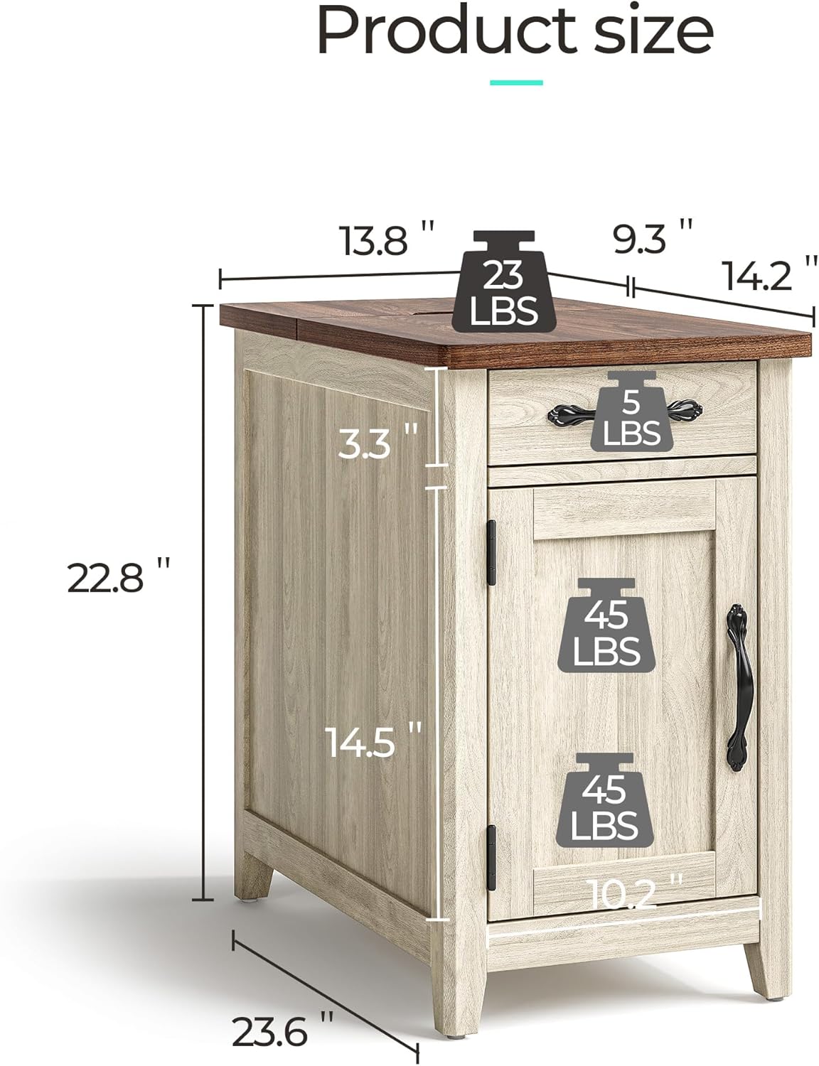 LINSY HOME Farmhouse End Table with Charging Station, Narrow Side Table for Living Room, Sofa Side Table with Drawer and Storage Cabinet, Small Nightstand for Home Office