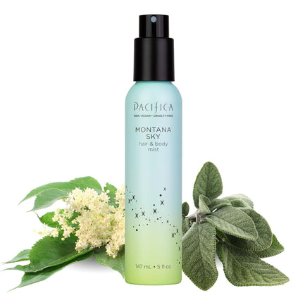 Pacifica Hair Mist Perfume & Full Body Spray for Women - Montana Sky Body Mist Fragrance w/Cedarwood, Elderflower, Black Pepper, Sage & Sandalwood Clean Beauty Alcohol-Free, Vegan & Cruelty-Free 5 oz - Cart Shape