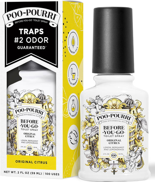 Poo-Pourri Before-You-Go Toilet Spray, Original Citrus, 2 Fl Oz, Up to 100 Uses, Bathroom Odor Deodorizer with Essential Oils for Home or Work, Travel Essentials, TSA Approved Size, Lemon Bergamot