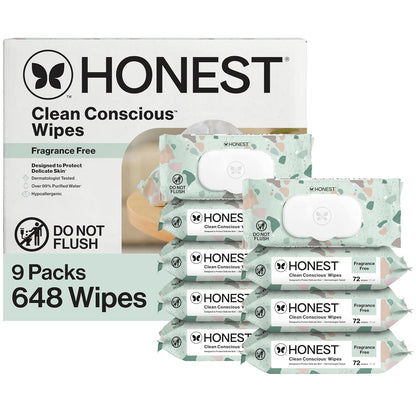 Honest Company Hypoallergenic Baby Wipes for Sensitive Skin, Fragrance-Free, 576 Count (6 Packs of 96)