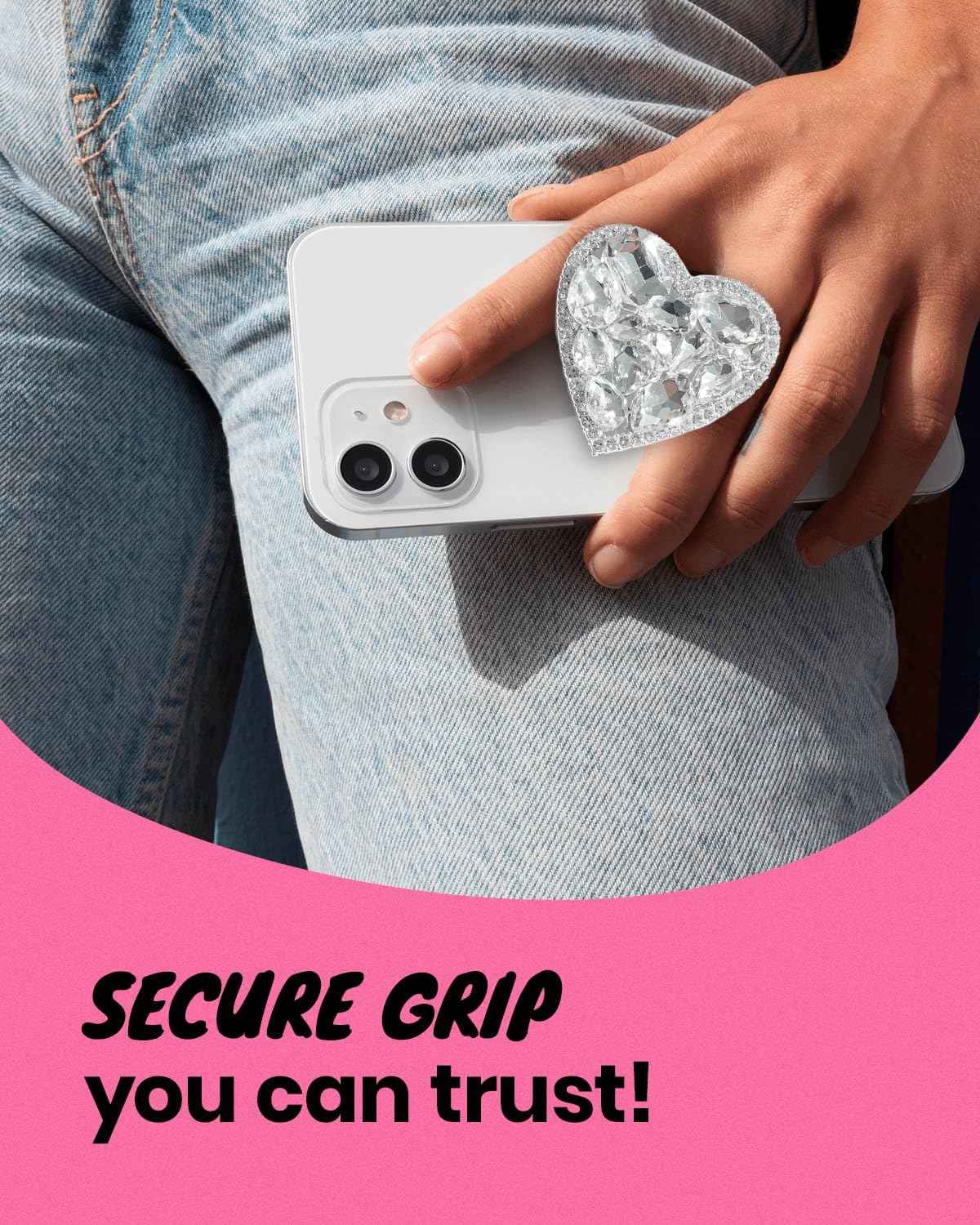 OnTheGrip Cute Cubic Diamond Heart Shape Design Collapsible Expandible Mobile Phone Grip Stand Holder for Smartphone Tablet Cell Phone Accessory (Silver Big)